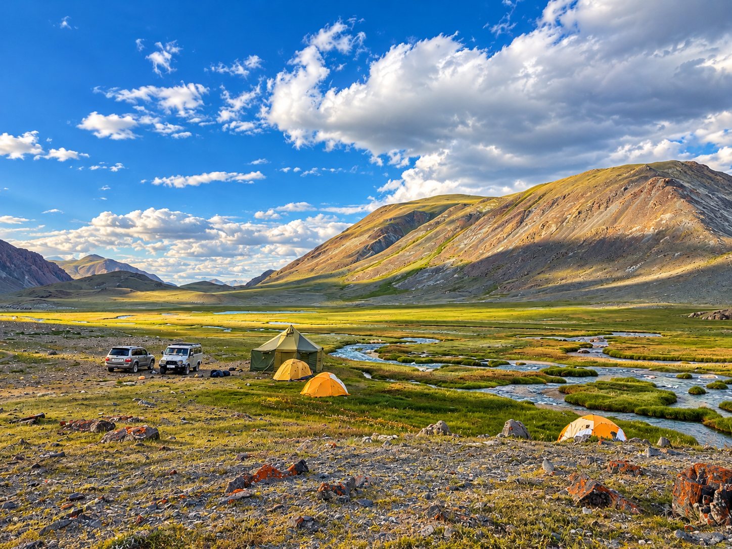 Expedition camp with tents beside a river in an Altai valley