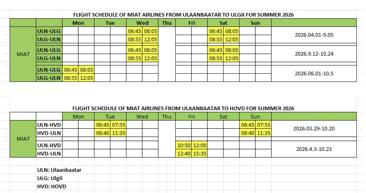 MIAT flight schedule for Ölgii and Khovd summer 2026