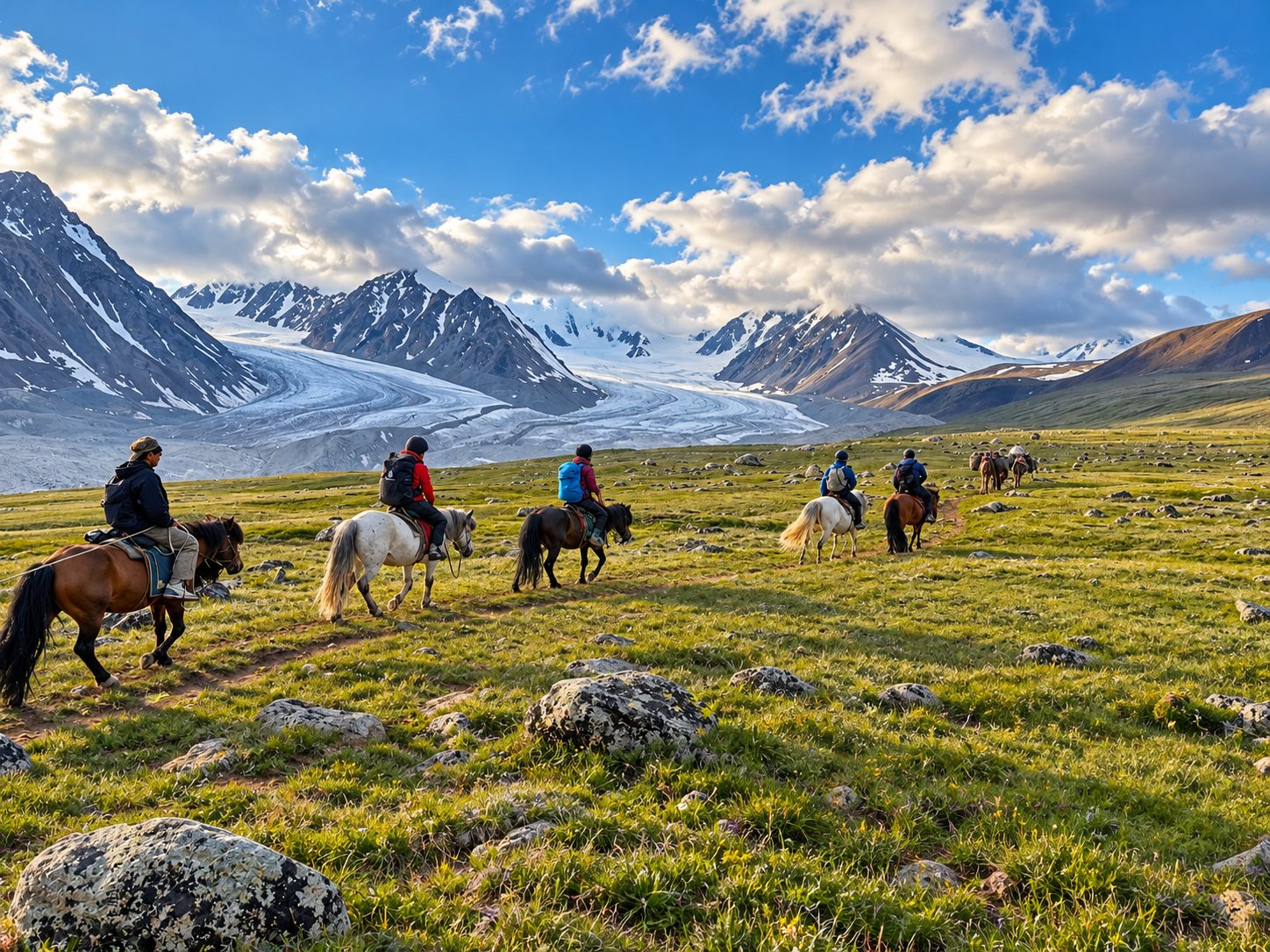 A group of riders on horseback crossing a meadow below the glaciers of the Mongolian Altai